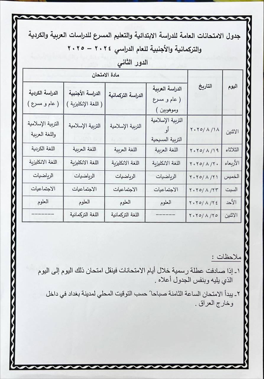 جدول السادس الابتدائي